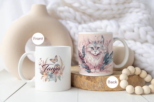 Personalisierte Kaffeetasse Boho Katze | Bedruckte Keramiktasse