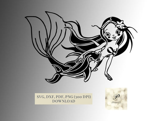Plotterdatei Meerjungfrau mit Delfin SVG Datei für Cricut, Meerjungfrauen Design Digital Download - Prami's