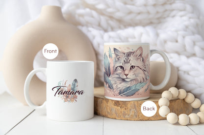 Personalisierte Kaffeetasse Boho Katze | Bedruckte Keramiktasse