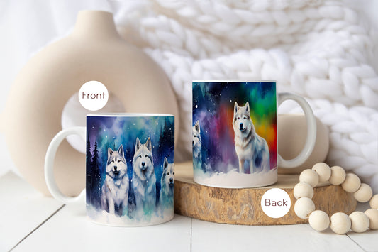 Bedruckte Kaffeetasse mit Husky Motiv | Polarlichter Kaffeebecher Geschenk | Aurora borealis