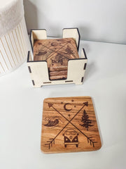 4er Set Untersetzer aus Akazienholz mit Camper Gravur | 10x10 cm mit Aufbewahrungsbox - Prami's
