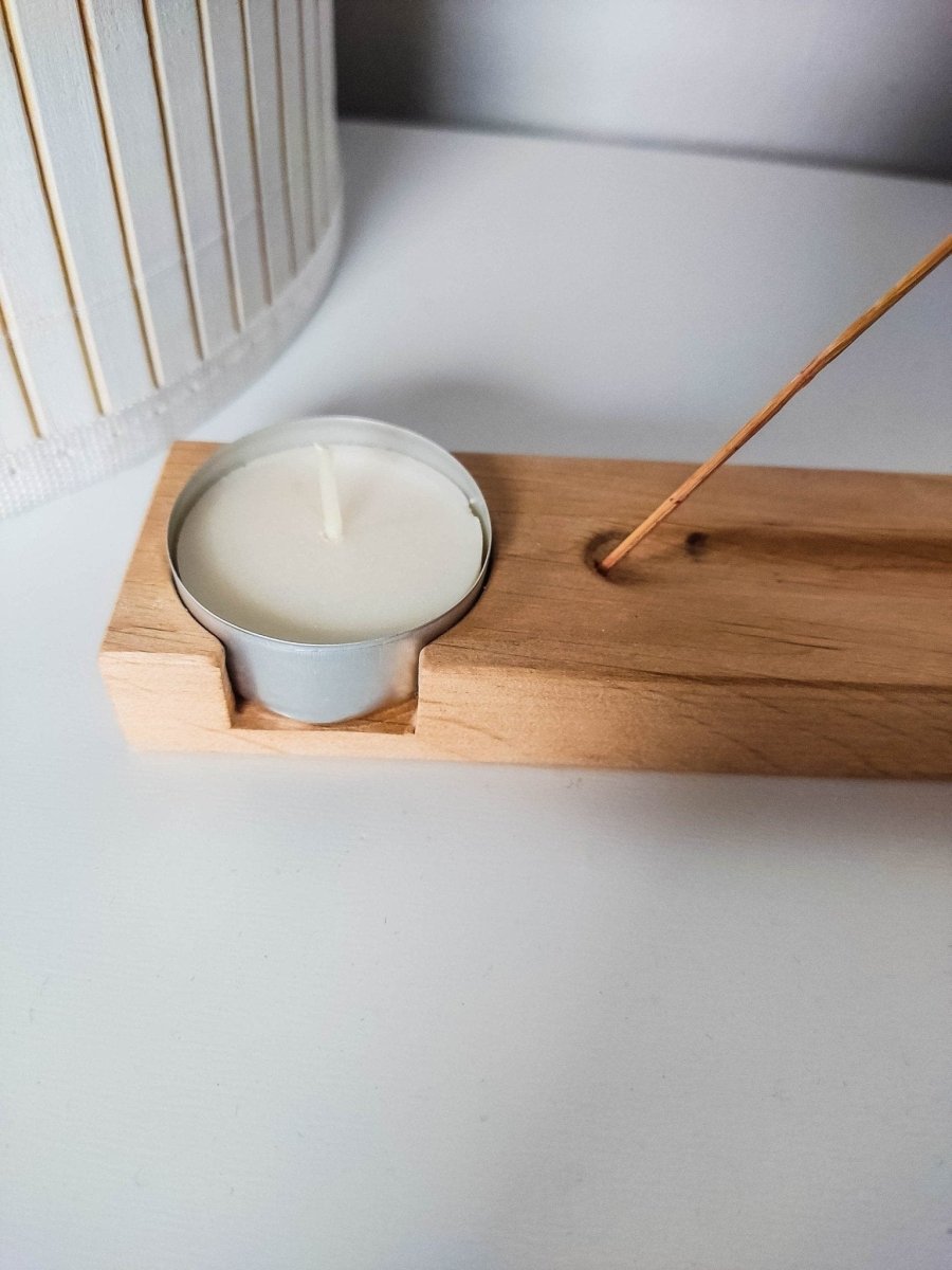 Design Teelichthalter aus Holz für Räucherstäbchen und 2 Teelichter | Holzdekoration für Kerzen aus Birke - Prami's