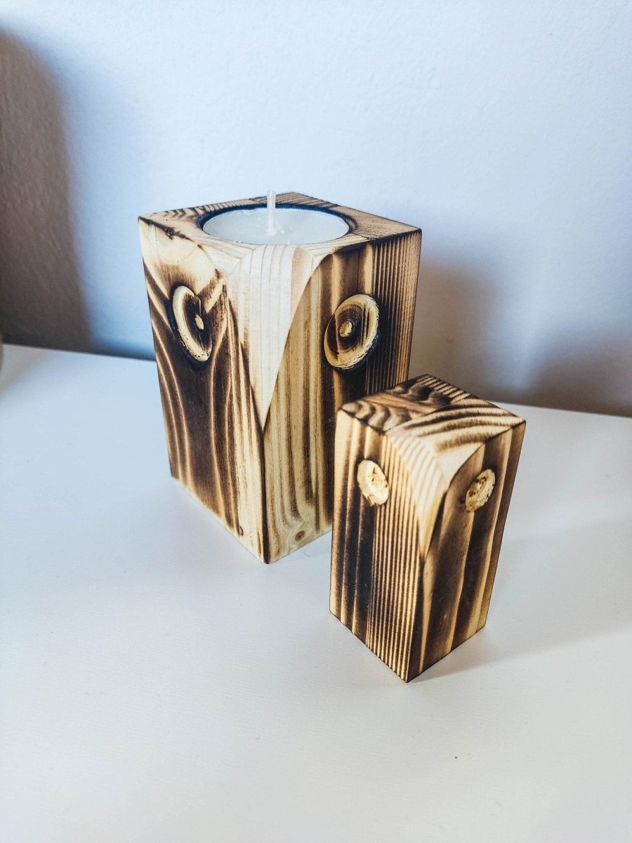 Eulen Teelichthalter aus Holz | Eulen Dekoration bestehend aus 2 Eulen - Prami's