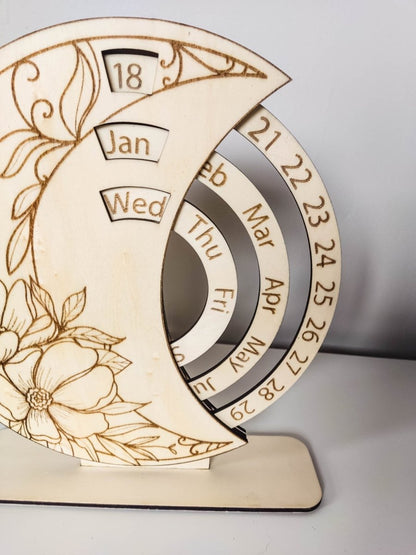 Ewiger Kalender aus Holz - Ästhetisches Design mit graviertem Blumenmotiv für Zuhause - Prami's