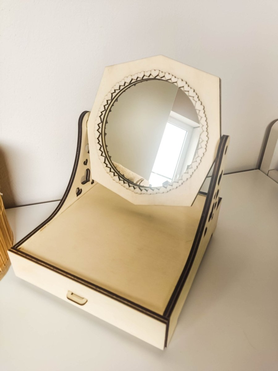 Holz Make-up Organizer mit drehbarem Spiegel - Stilvoller Schminktisch-Ordnungshelfer - Prami's