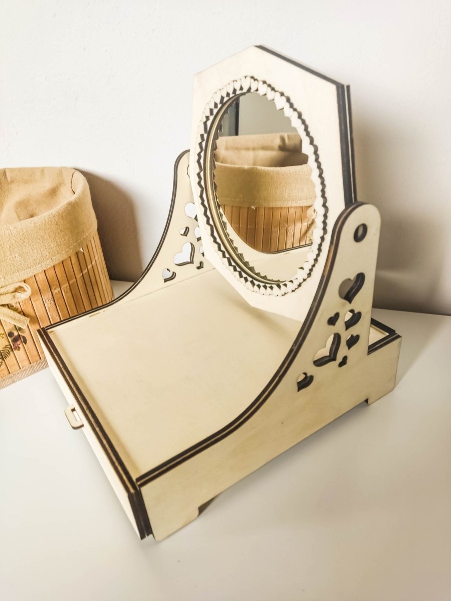 Holz Make-up Organizer mit drehbarem Spiegel - Stilvoller Schminktisch-Ordnungshelfer - Prami's