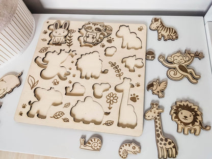 Kinder Steckpuzzle "Wildtiere" aus Holz | Puzzle für Kleinkinder mit Tieren - Prami's