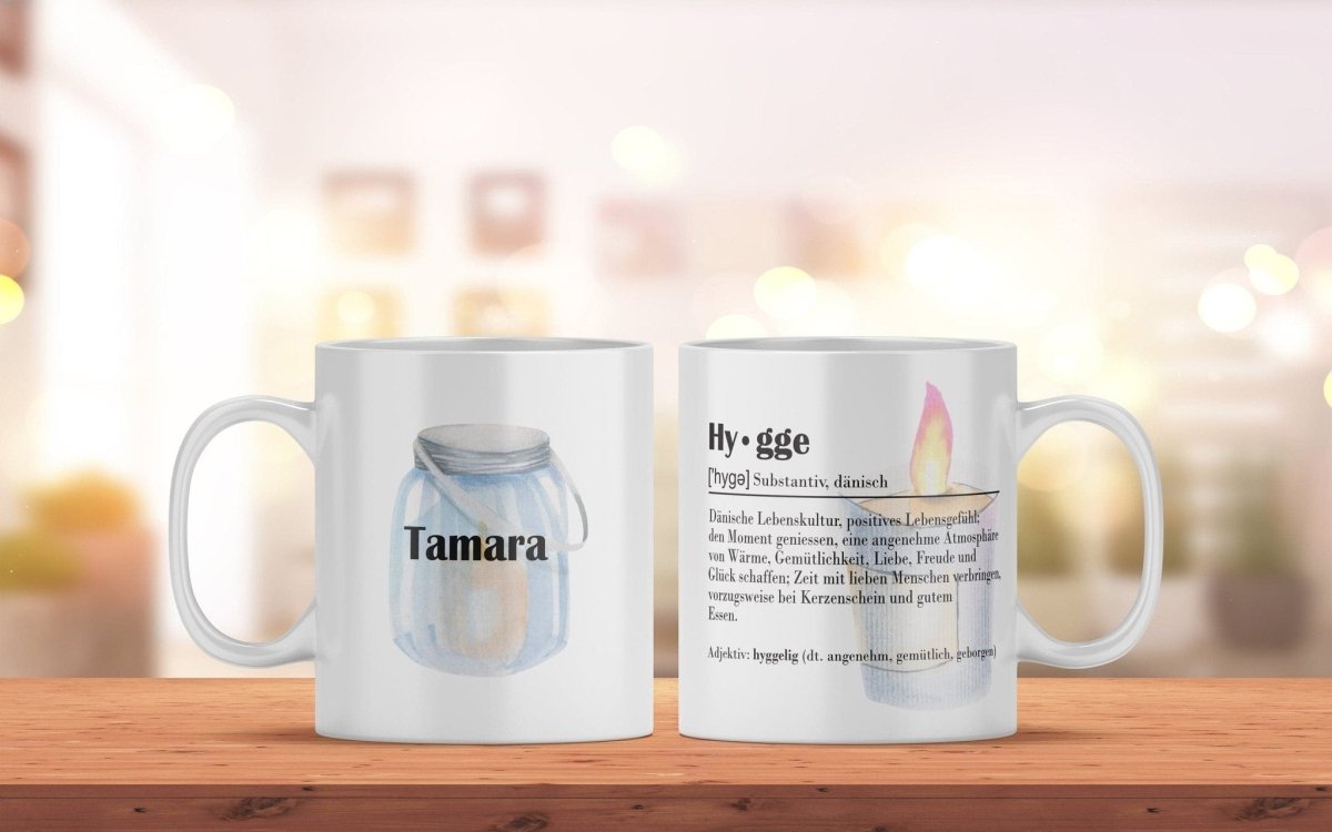 Personalisierte Hygge Kaffeetasse mit Namen und Definiton | Bedruckte Tasse aus Keramik - Prami's