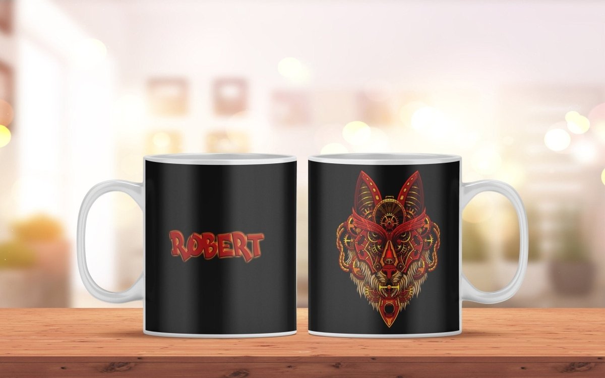 Personalisierte Tasse mit Namen und Wolf Motiv Steampunk Style | Bedruckte Keramik Kaffeetasse - Prami's