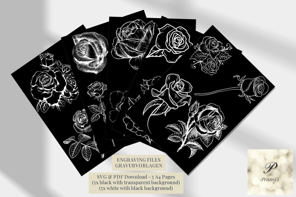 Rosen Gravurvorlagen, Sofort Download, SVG & PDF Dateien zum Gravieren und Brandmalen, Blumen Muster, - Prami's